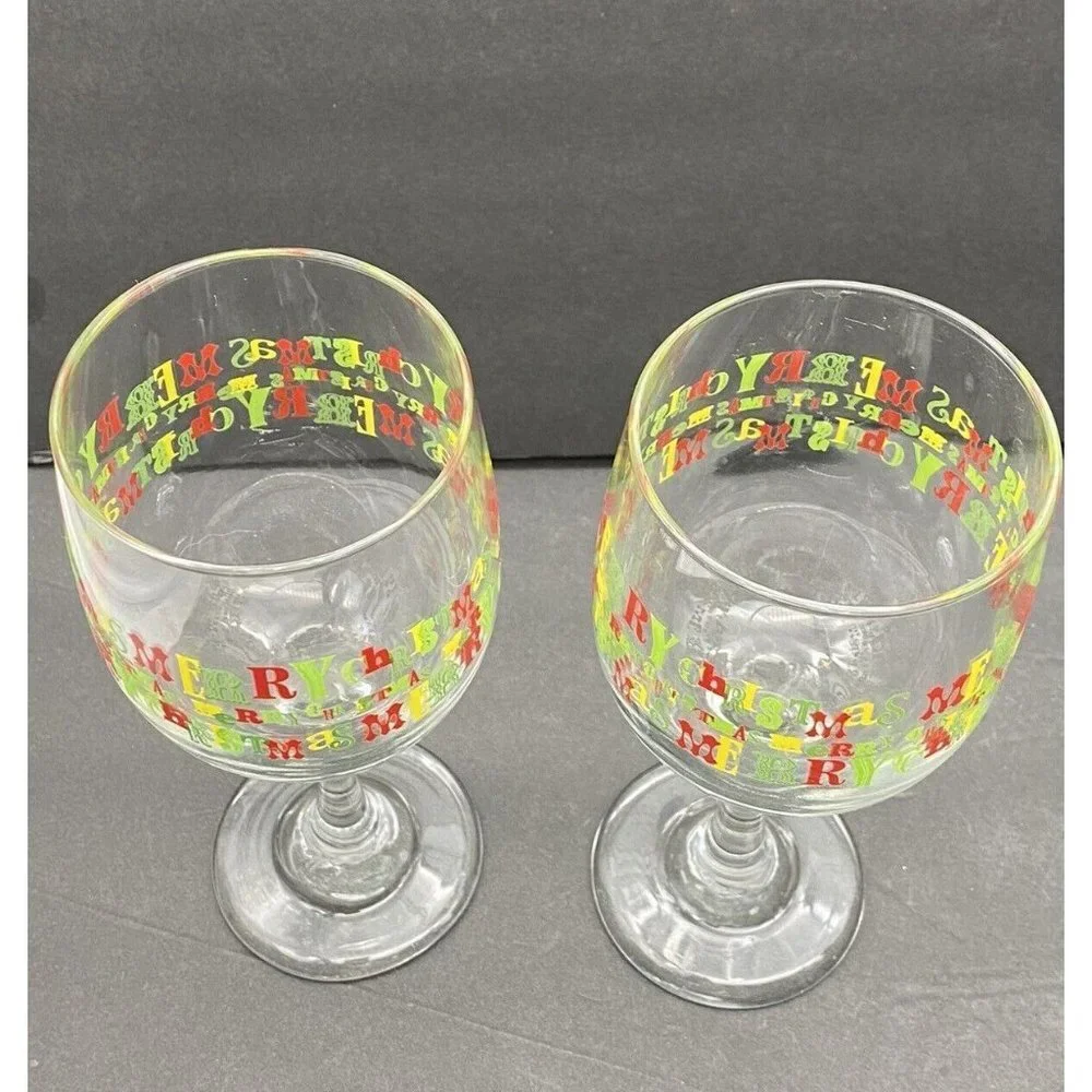VTG Y2K Merry Christmas Libbey Wine Glasses Lot of 2 Holiday Barware‎ Red Green